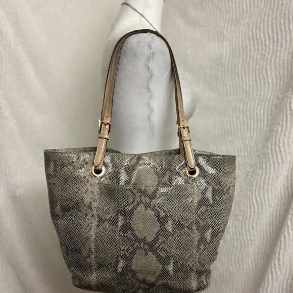 Michael Kors Tan Snakeskin Embossed Tote Bag Structured Everyday Handbag - Picture 2 of 9